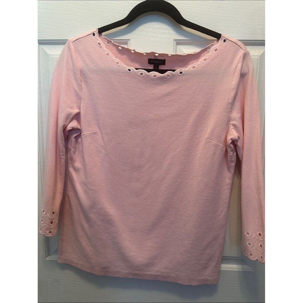 Talbots Light Pink Eyelet-Trim 3/4 Sleeve Tee Cotton Modal Blend Size Small